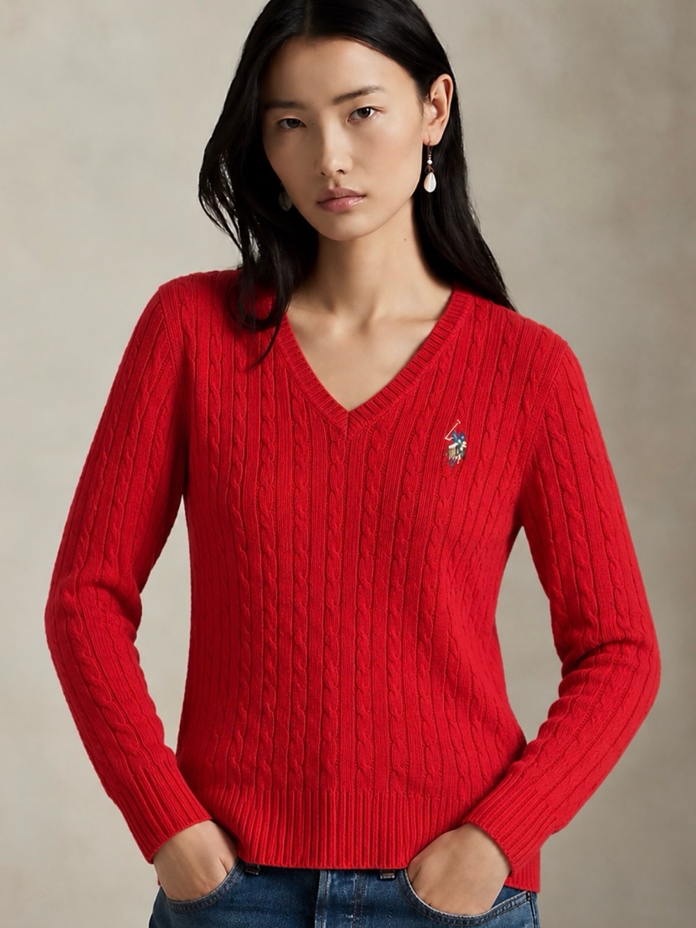 U.S. Polo Assn. Red Cable-Knit V-Neck Sweater.